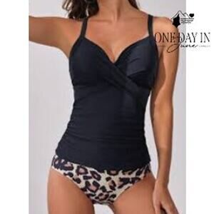 B2Prity Cross Front Tie Back Leopard Tankini Swimsuit Size XL